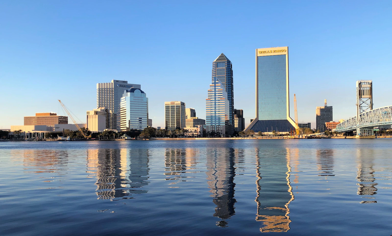 The St. Johns River, which runs along Orange Park, with the Jacksonville skyline in the distance