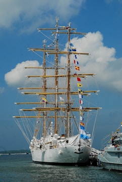 white and brown ship on sea under white clouds and blue sky during daytime