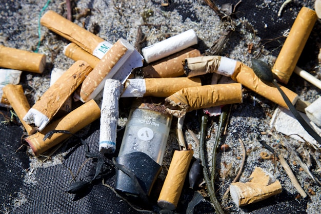 white and brown cigarette butts on black textile