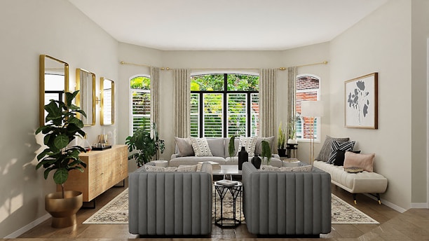 A minimalist living room with neutral tones and elegant high-end decor.