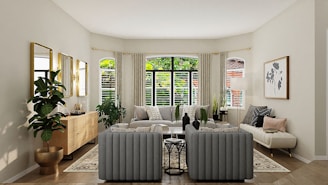 A clean, minimalist living room showcasing stylish furniture and decorative items from Deco House.