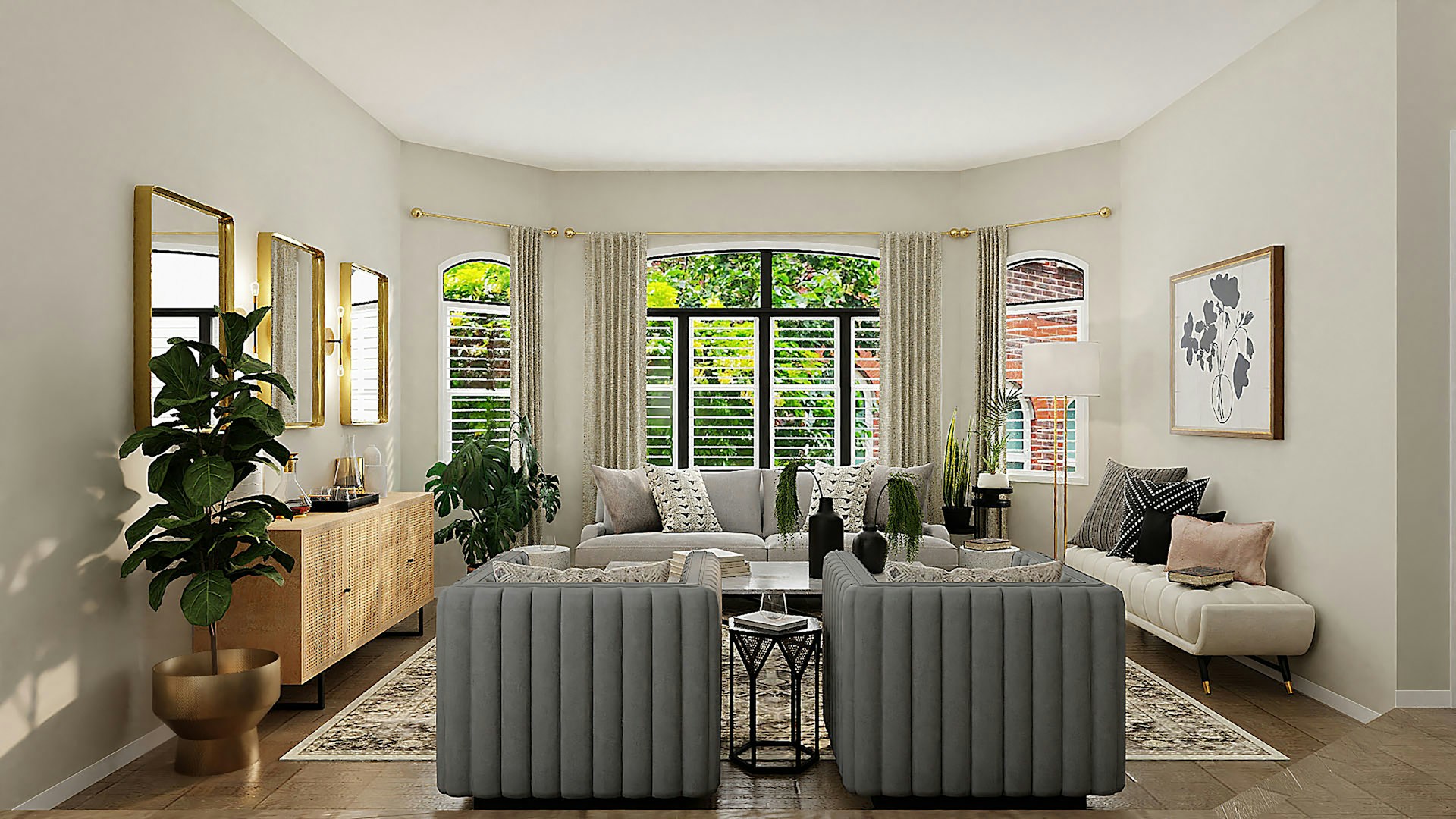 A beautifully arranged modern living room featuring sleek furniture and soothing color palettes.