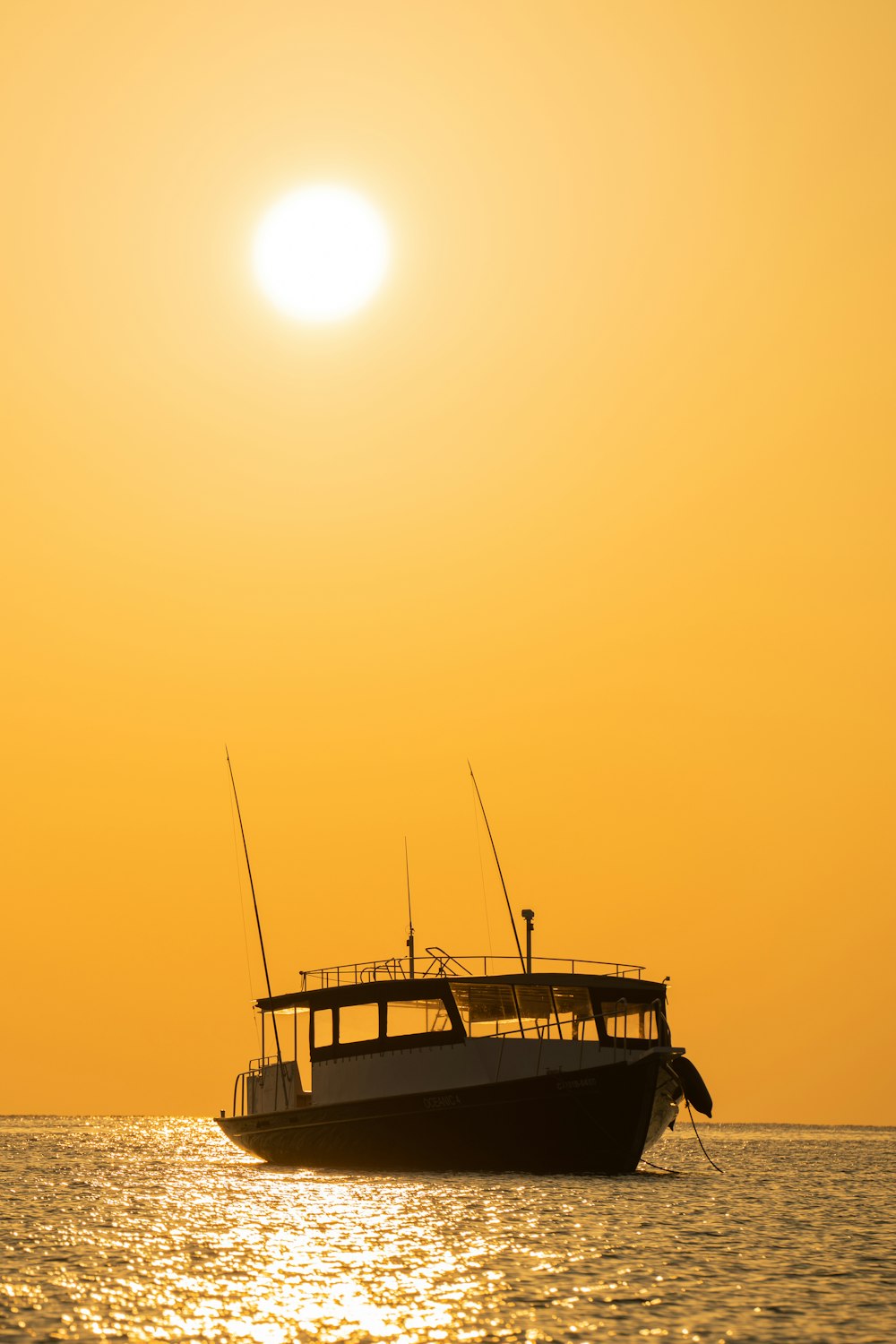 white and black boat on sea during sunset