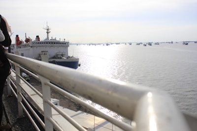 Passengers boarding a water taxi at a busy harbor dock.