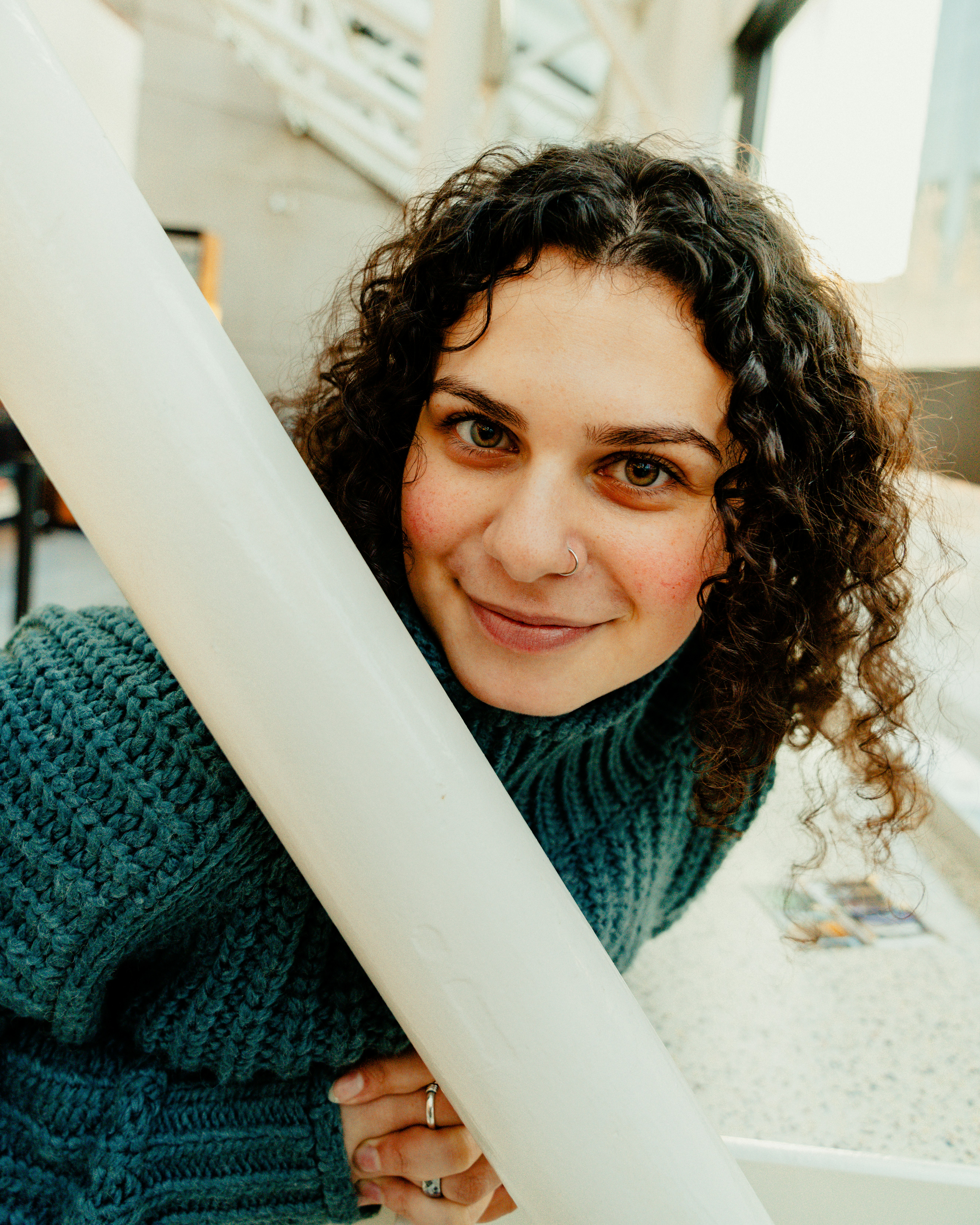 woman in blue knit sweater