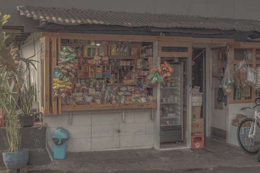 A small corner shop packed with various snacks and goods. The display is filled with colorful bags of chips, candies, and bottled drinks. A refrigerator stocked with beverages is visible. The shop has a rustic appearance with wooden frames and a corrugated roof. On the side, there are potted plants and a bicycle partially visible.