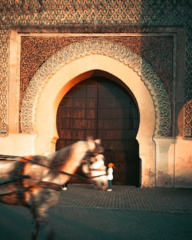 An intricately decorated large wooden door set in a traditional Moroccan arch with ornate tilework patterns around it. A horse-drawn carriage is captured in motion, slightly blurred in the foreground. A person wearing blue pants and an orange headscarf stands near the door, gazing at the scene.