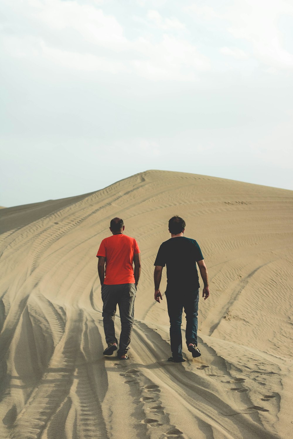 2 men walking on sand dunes