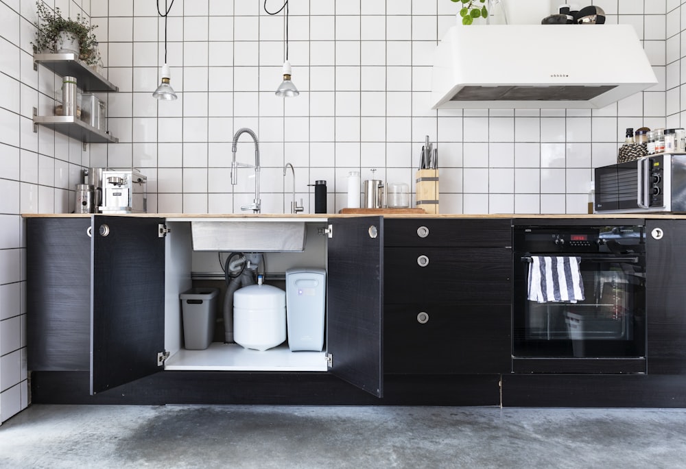 white and black kitchen cabinet