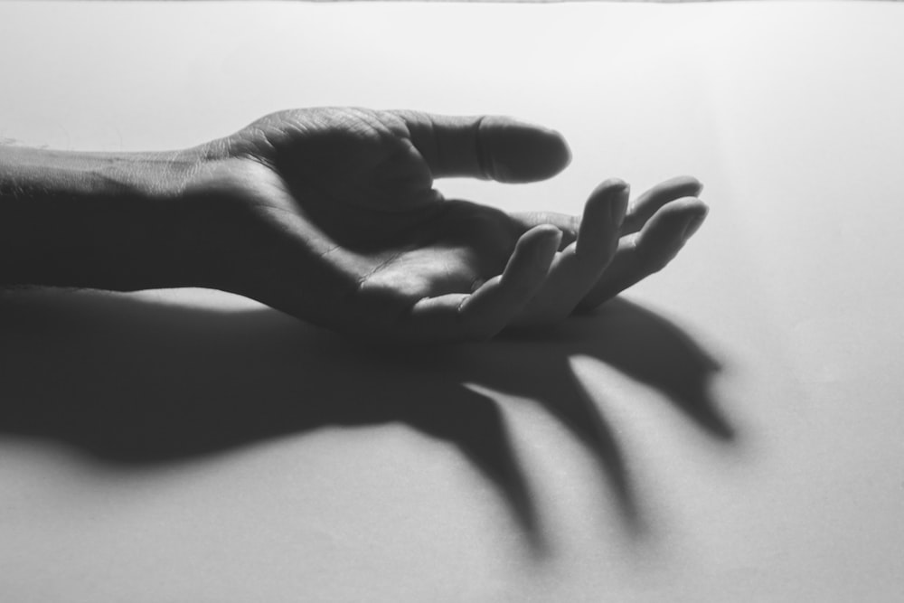 grayscale photo of persons hand