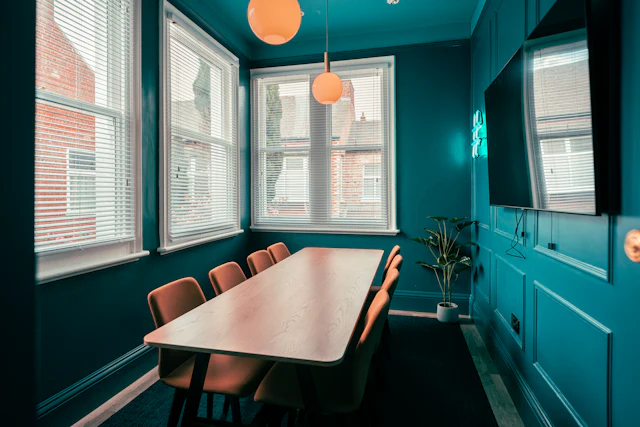 Teal Meeting Room — commercial office meeting room interior design