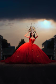 A close-up of a villainous queen twirling her dark, elegant gown under mysterious castle lighting.