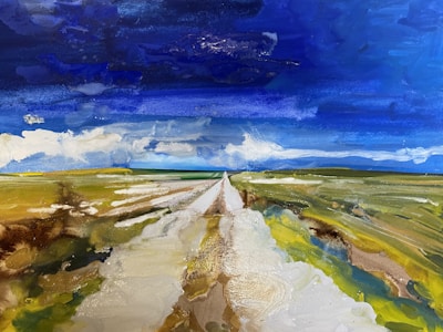 A vibrant landscape painting depicts a long, straight road stretching into the horizon, flanked by open fields. The sky is filled with dynamic cloud formations in shades of blue and white, creating a sense of depth and movement.