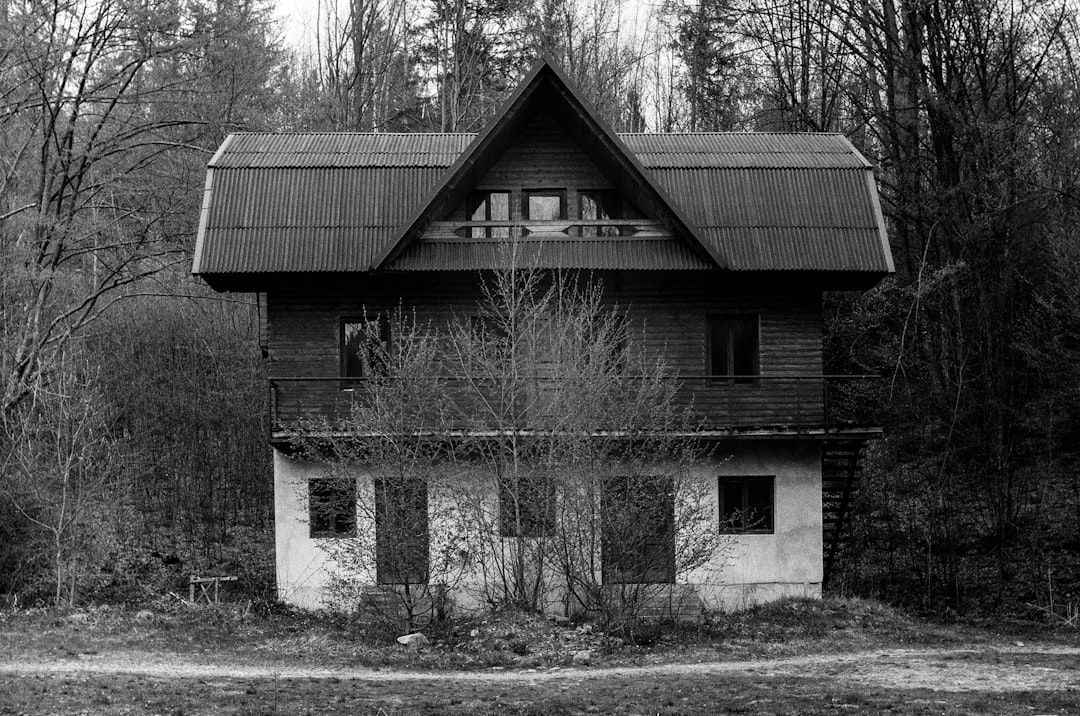 grayscale photo of brick house