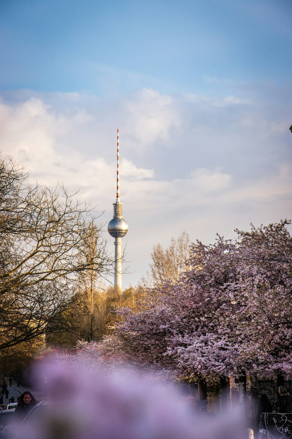 white and gray tower surrounded by trees under gray sky