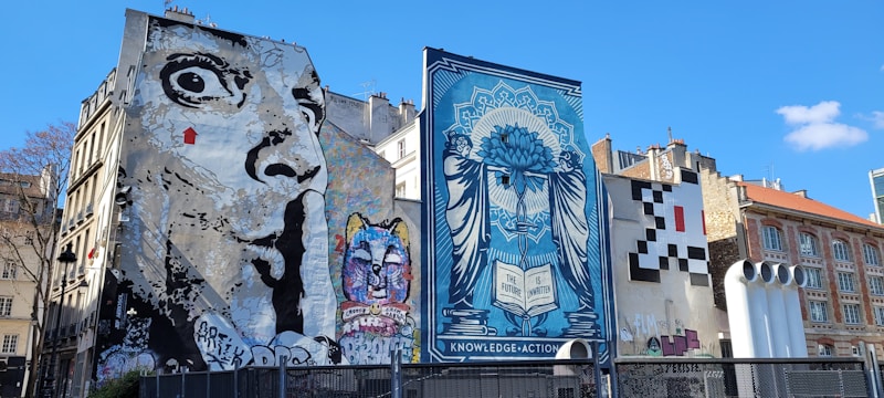 Several large murals cover the sides of buildings in an urban setting. One mural features a grayscale depiction of an exaggerated face with wide eyes, while another displays a colorful cat with a variety of vibrant hues. A blue-toned artwork presents a woman with a complex design, holding a book inscribed with 'The Future is Unwritten.' Another area features a pixelated pattern resembling a video game character.
