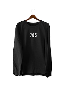 A black sweatshirt with the number '705' printed in white on the chest, hanging on a wooden hanger against a white background.