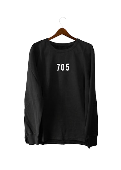 A black sweatshirt with the number '705' printed in white on the chest, hanging on a wooden hanger against a white background.