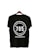 A black T-shirt is displayed on a wooden hanger with a bold white print on the back. The print includes the numbers '705' in large font, encased within a circular design. Above and below the numbers, the words 'SEVEN ZERO FIVE' and 'LOS ANGELES, CA' are printed respectively.