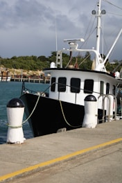 A docked boat with a black hull and white upper structure is tied securely at a pier. The pier is made of concrete with yellow safety markings and features white bollards. Trees and a small port area are visible in the background under a cloudy sky.