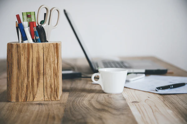 White ceramic mug on a wooden table