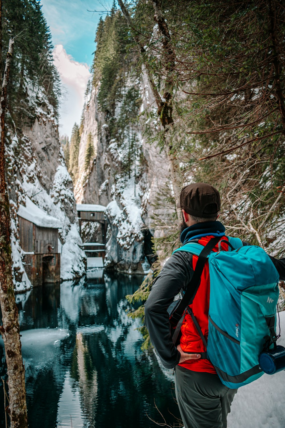 person in blue jacket and black backpack standing near snow covered trees during daytime