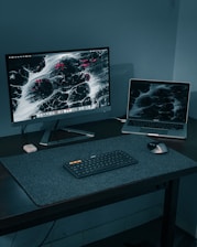silver flat screen computer monitor and black computer keyboard on black wooden desk