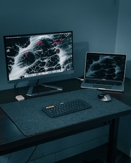 silver flat screen computer monitor and black computer keyboard on black wooden desk