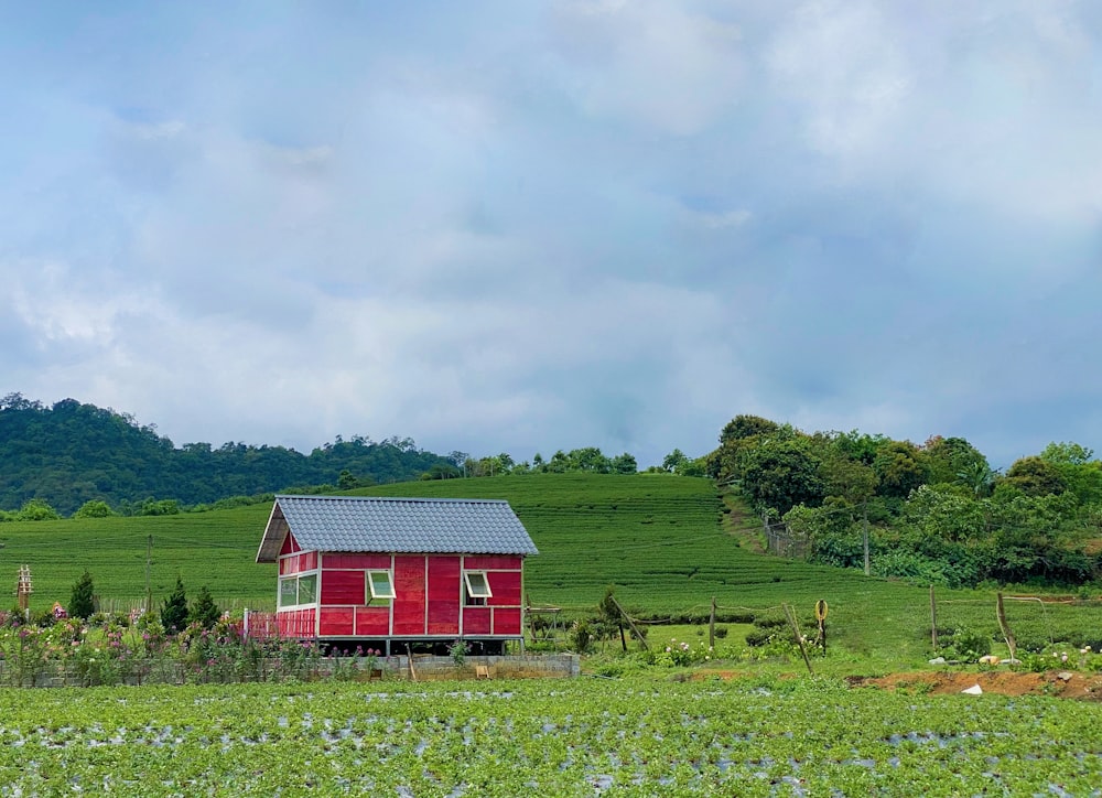 red barn on green grass field under white clouds during daytime