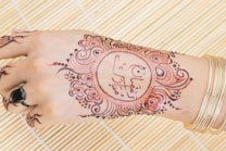 A hand adorned with intricately designed henna, featuring floral patterns and crescent motifs. The design is detailed and symmetrical, blending traditional elements with text elements in the center. The fingers also have smaller, simpler designs.