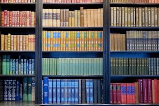 A vibrant display of books arranged by color on a wooden shelf.