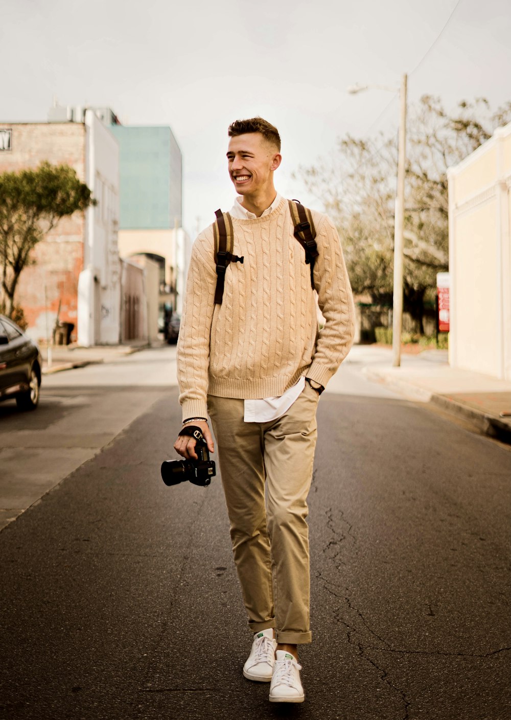 cream sweater brown pants