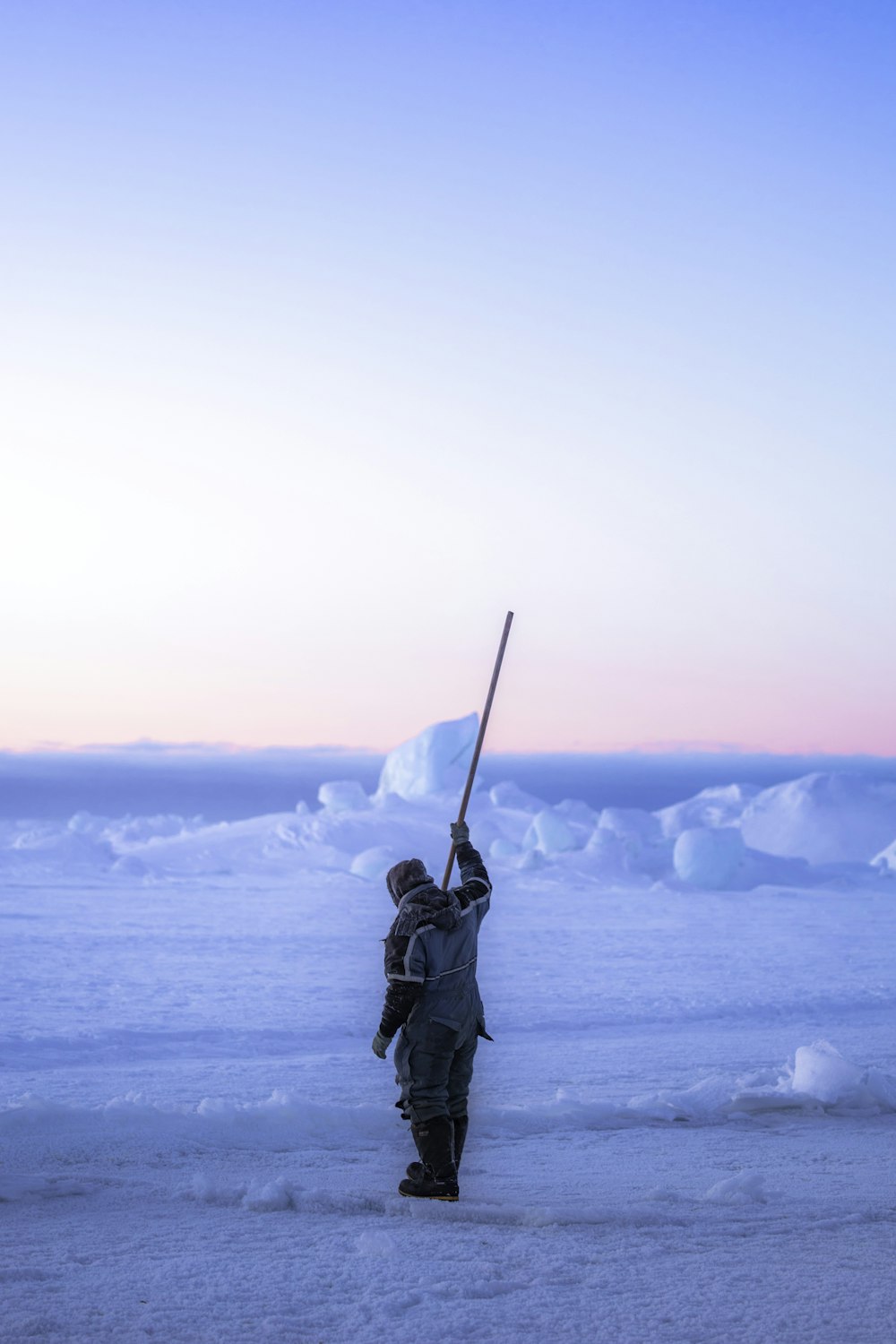 person in black winter jacket holding black stick on snow covered ground during daytime