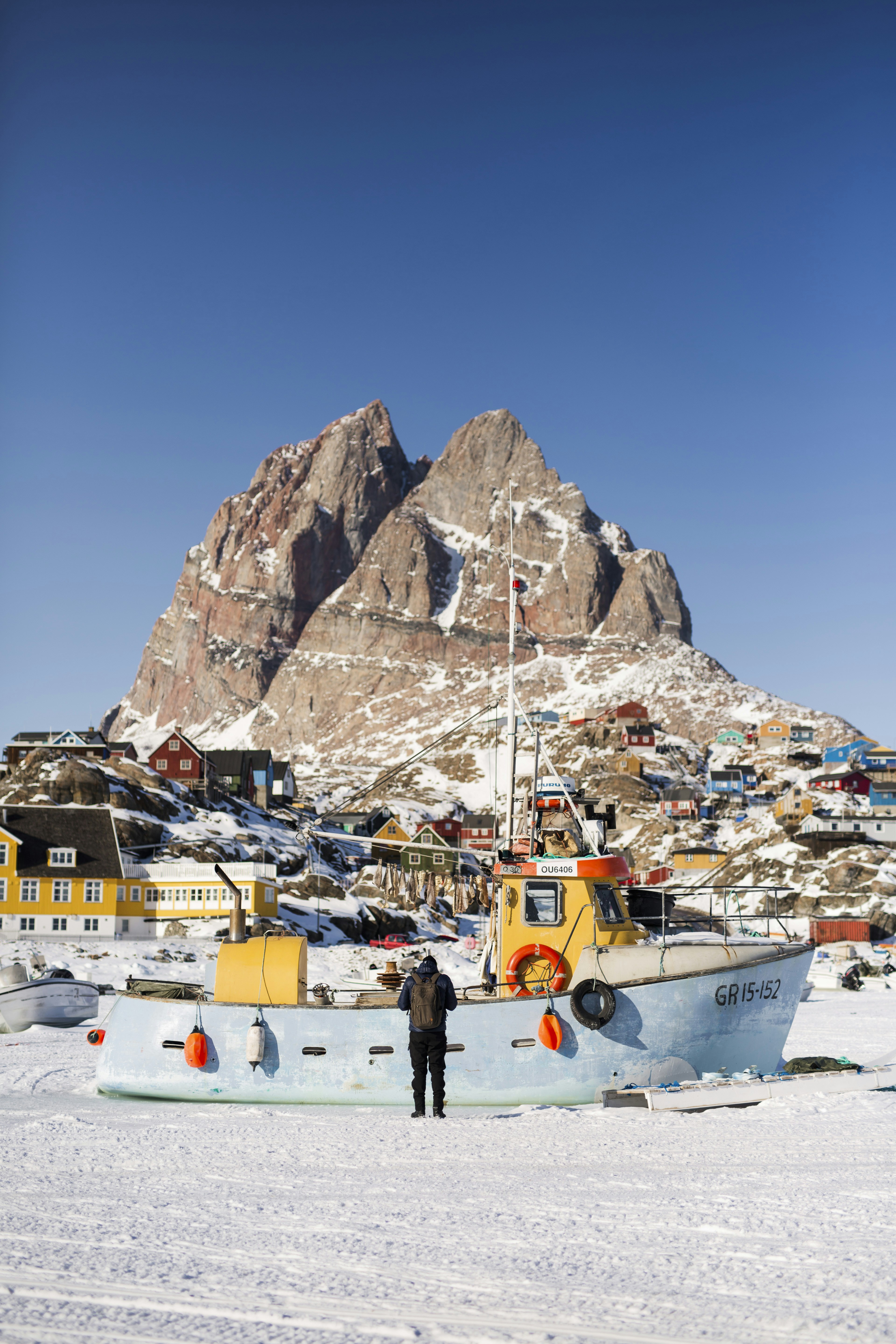people standing on snow covered ground near brown and white mountain during daytime