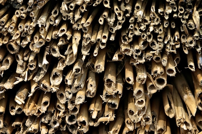 A close-up view of a large bundle of dry, hollow bamboo stalks cut at different lengths. The bamboo is densely packed, displaying its fibrous texture and natural, weathered color. Natural wear and frayed edges are visible on some stalks.