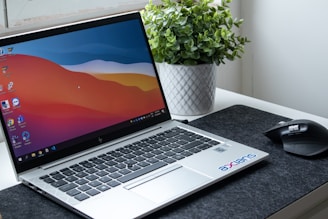 A laptop with a colorful abstract wallpaper on the screen is placed on a dark mat. To the right of the laptop, a wireless mouse is positioned. In the background, a green potted plant in a textured white pot adds a touch of nature to the desk setup.