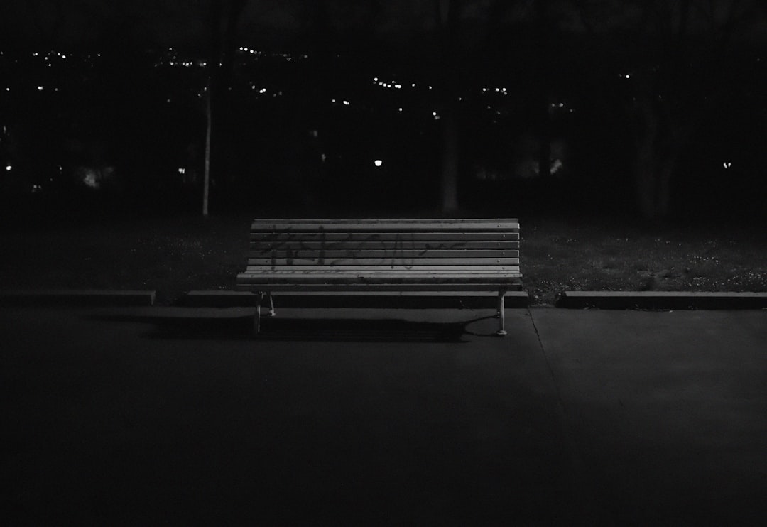 grayscale photo of bench with lights