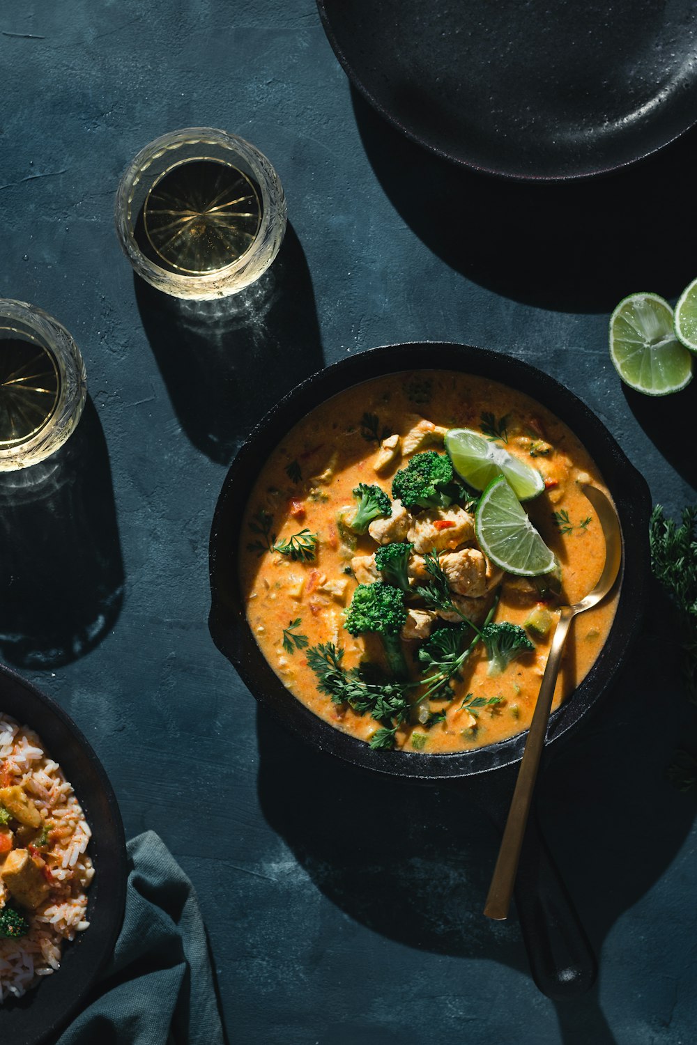 black ceramic bowl with soup