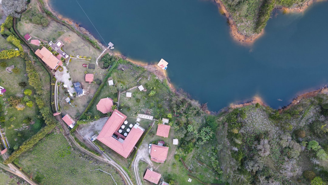aerial view of houses near body of water during daytime