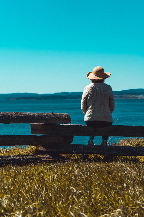 海を見渡すベンチに一人で座る人物の後ろ姿。おひとりさまの自由な時間を象徴するイメージ
