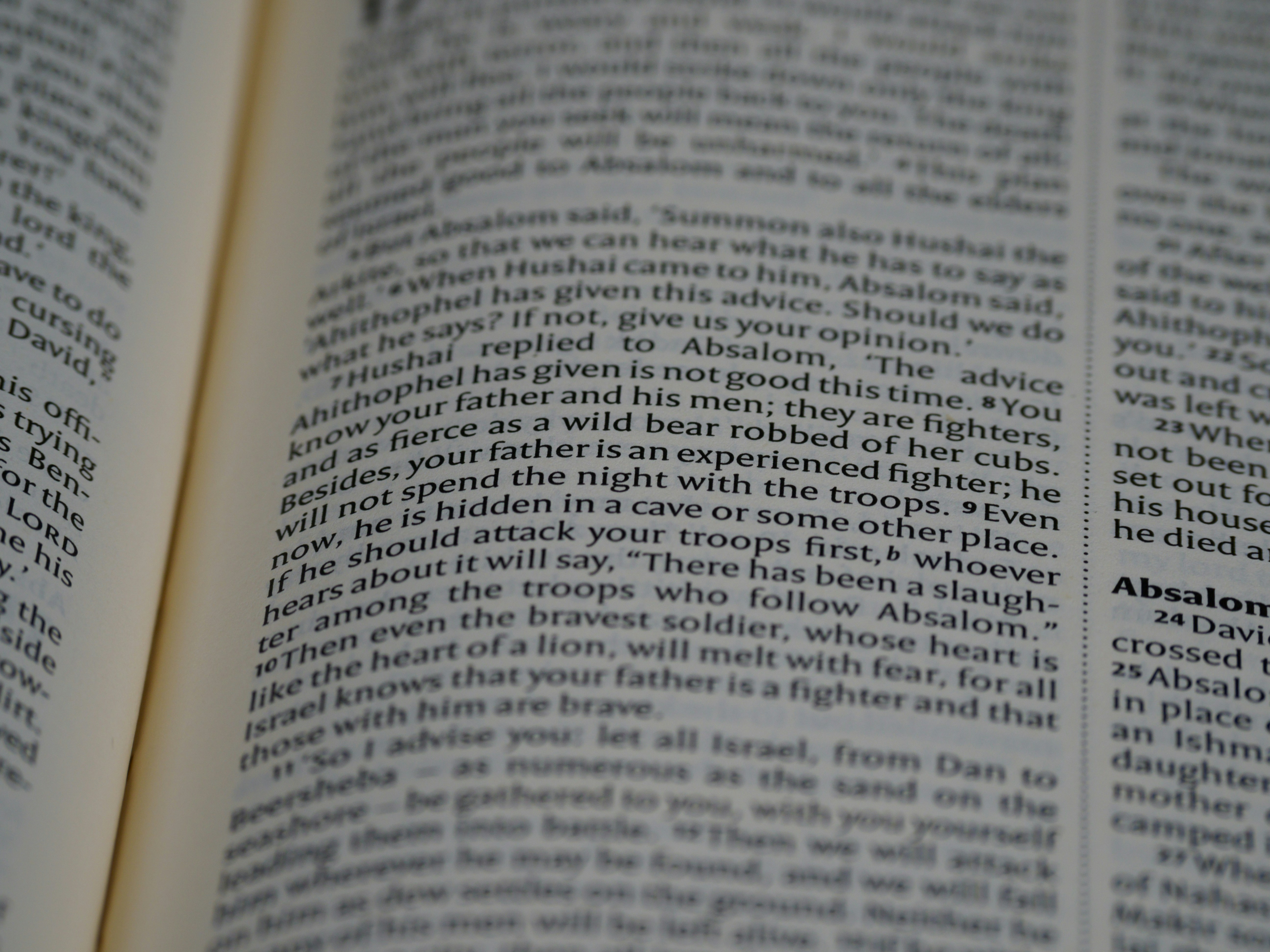 close up, bokeh, macro, blur, blurred background, close focus, bible, old testament, 2 samuel, samuel, book of samuel, gad, nathan, covenant, law, Nevi'im, prophets, Deuteronomistic history, rabbinic literature, shavuot, christian, judaism, history, text, reading, bible study, devotions, text, NIV, New International Version, type, typography, canon, christianity, holy scripture, holy bible, scripture,
