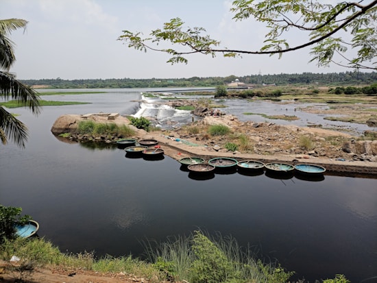A serene riverside scene with a series of round fishing boats lined up near the shore. The water reflects the sky, and the background features a low waterfall or weir with scattered vegetation and rocks. Trees frame the image with their branches and there is lush greenery on both sides.