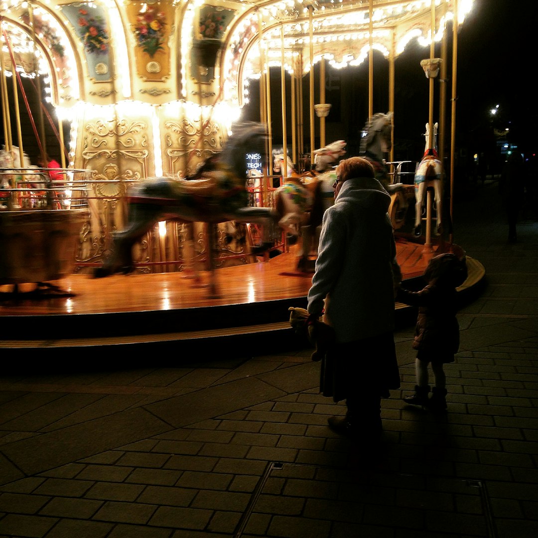 people standing in front of horse carousel during night time