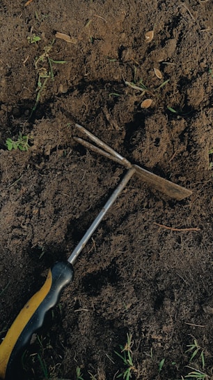 A hand tool with a black and yellow handle lies on dark, rich soil. The soil is slightly disturbed, suggesting digging or gardening activity. Small green sprouts and sticks are scattered around the area.