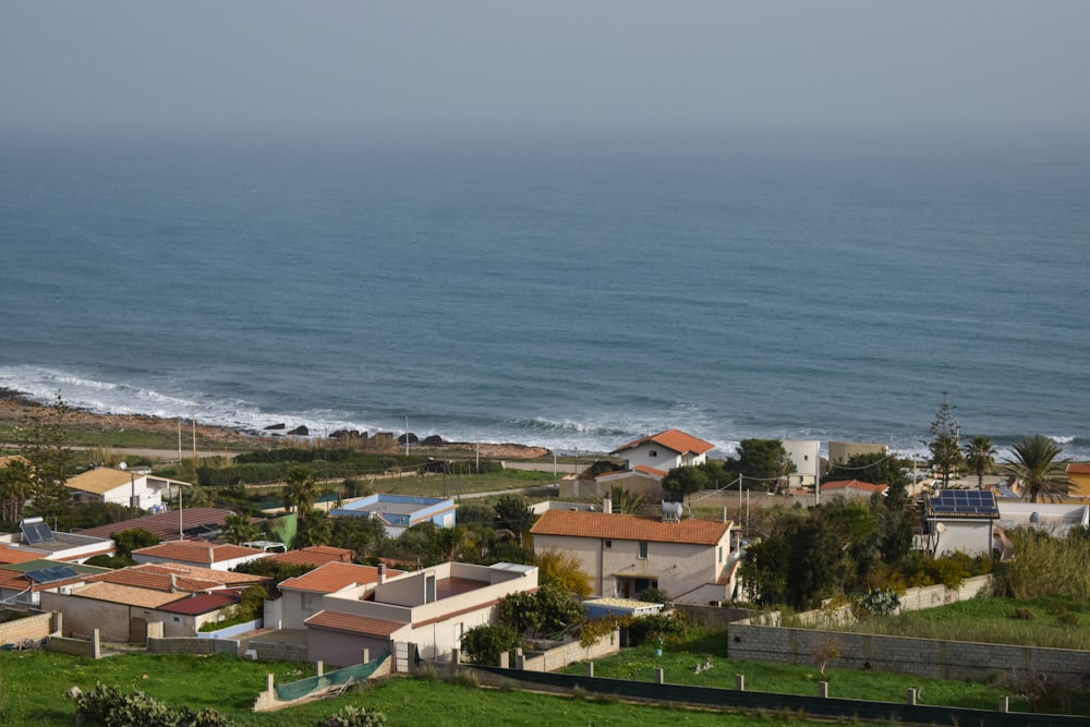 aerial view of houses near sea during daytime