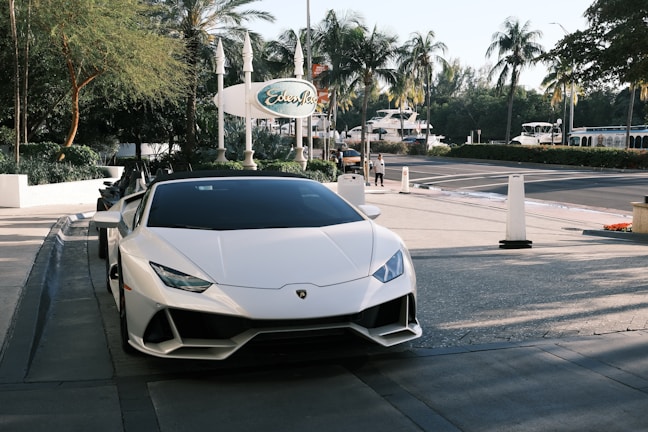 A sleek white sports car is parked on a paved driveway, positioned towards lush green palm trees in the background. A sign reading 'Eden Roc' appears behind the car, set against a backdrop of yachts and a calm street scene. The scene conveys luxury and leisure with modern urban elements.