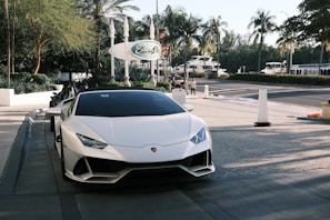 A sleek white sports car is parked on a paved driveway, positioned towards lush green palm trees in the background. A sign reading 'Eden Roc' appears behind the car, set against a backdrop of yachts and a calm street scene. The scene conveys luxury and leisure with modern urban elements.