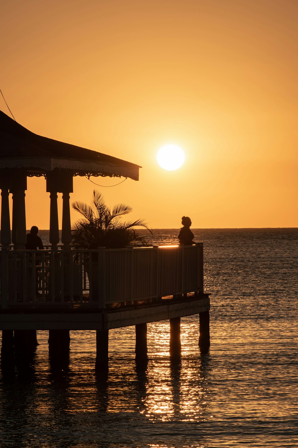 silhouette of man standing on wooden dock during sunset