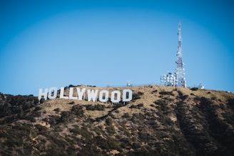 A large iconic sign spelling 'Hollywood' is situated on a hillside covered with sparse vegetation and dark green shrubs. Next to the sign, a tall communications tower with numerous satellite dishes is visible against a clear blue sky.