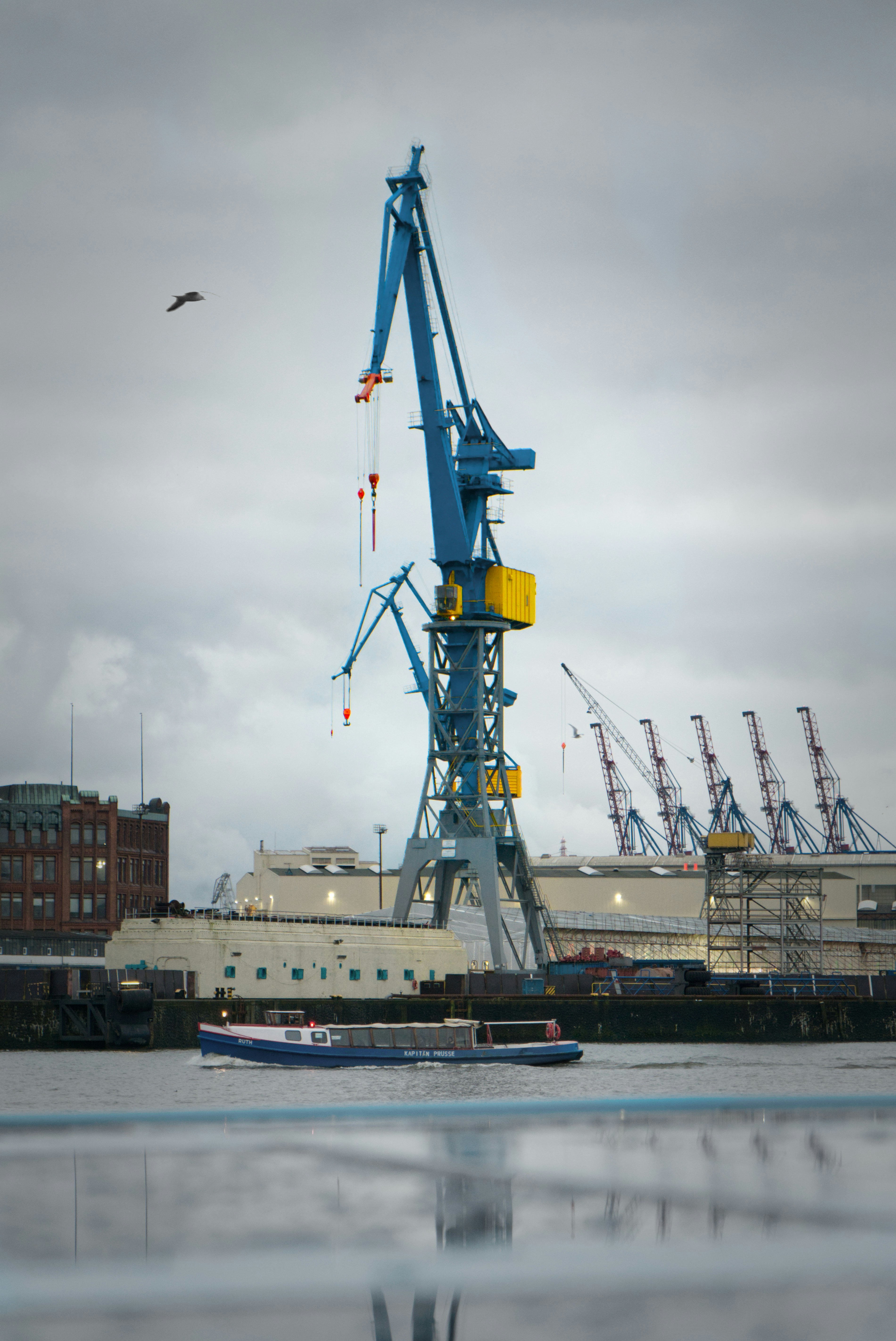 blauer und gelber Kran in der Nähe des Gebäudes tagsüber